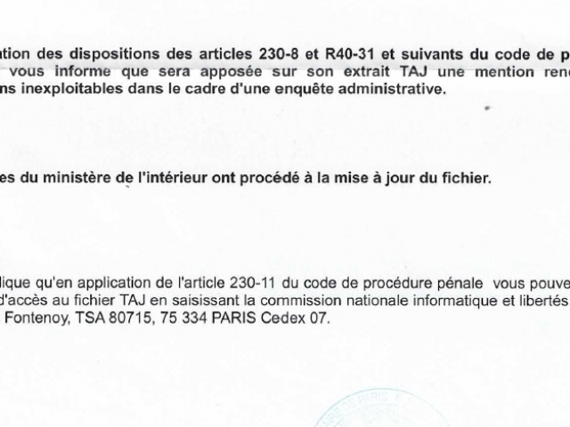 Me SALKAZANOV fait effacer un fichier TAJ : comment obtenir l'effacment TAJ ?